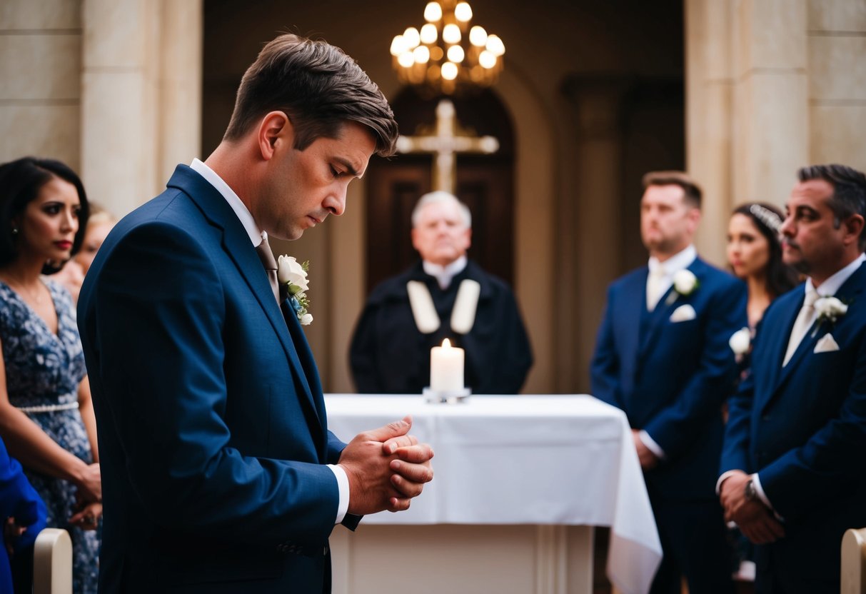A person standing alone at a wedding altar, looking hesitant with their hands clasped in front of them, while others look on with concern