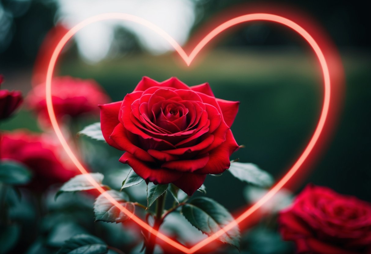 A blooming red rose surrounded by a heart-shaped aura of light