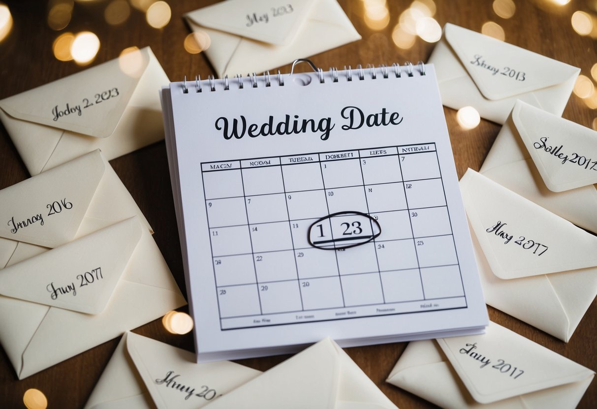 A calendar with a wedding date circled, surrounded by envelopes with various dates written on them
