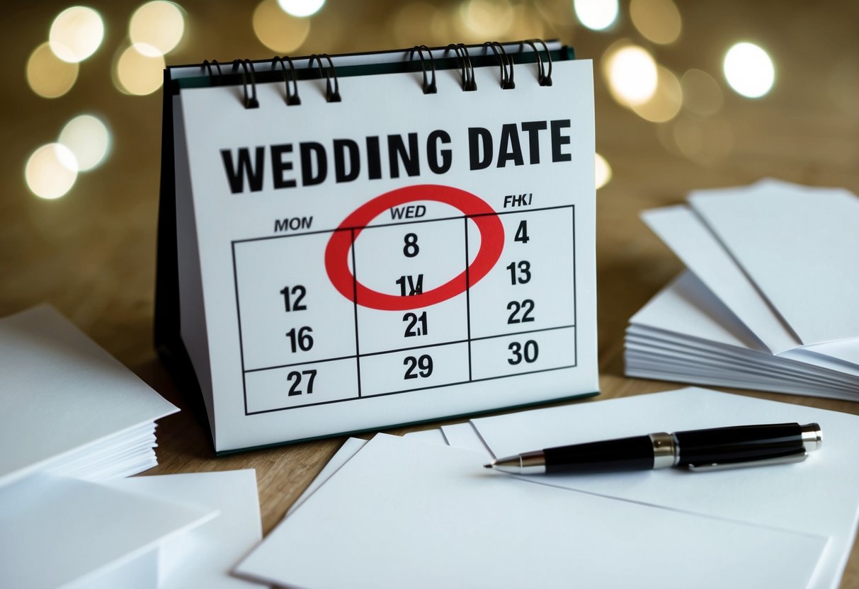 A calendar with a wedding date circled in red, surrounded by blank invitation cards and a pen poised to write