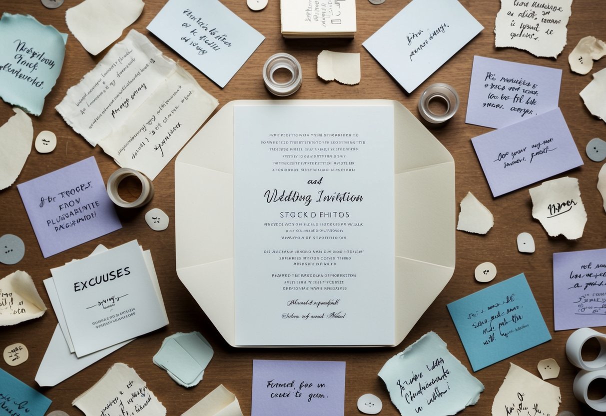 An empty wedding invitation surrounded by various excuses and explanations written on scraps of paper
