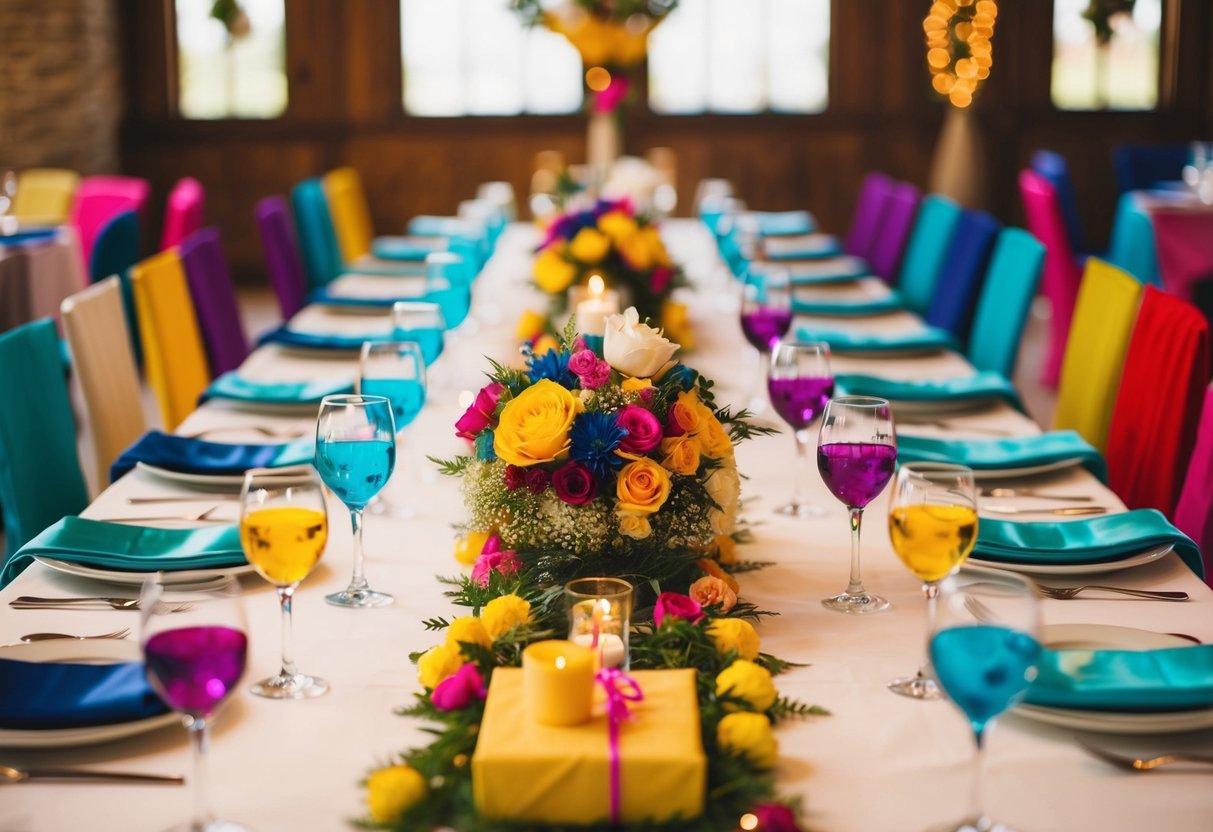 A festive table set for a wedding celebration, with colorful decorations and a variety of alternative ways to honor the couple