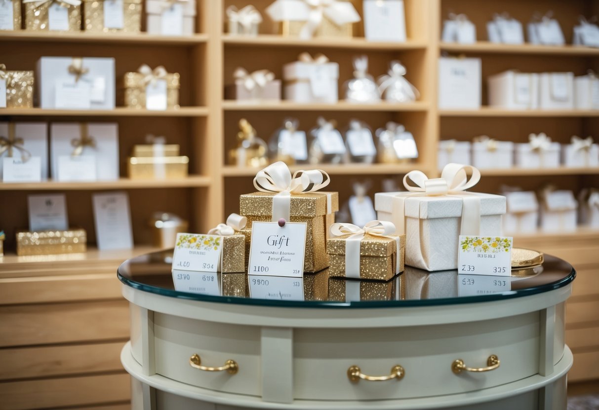 A wedding gift store with various items and price tags