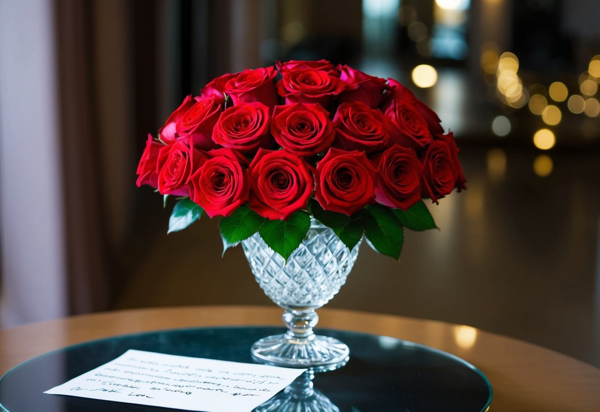 A bouquet of red roses arranged in a crystal vase, sitting on a table with a handwritten note expressing love