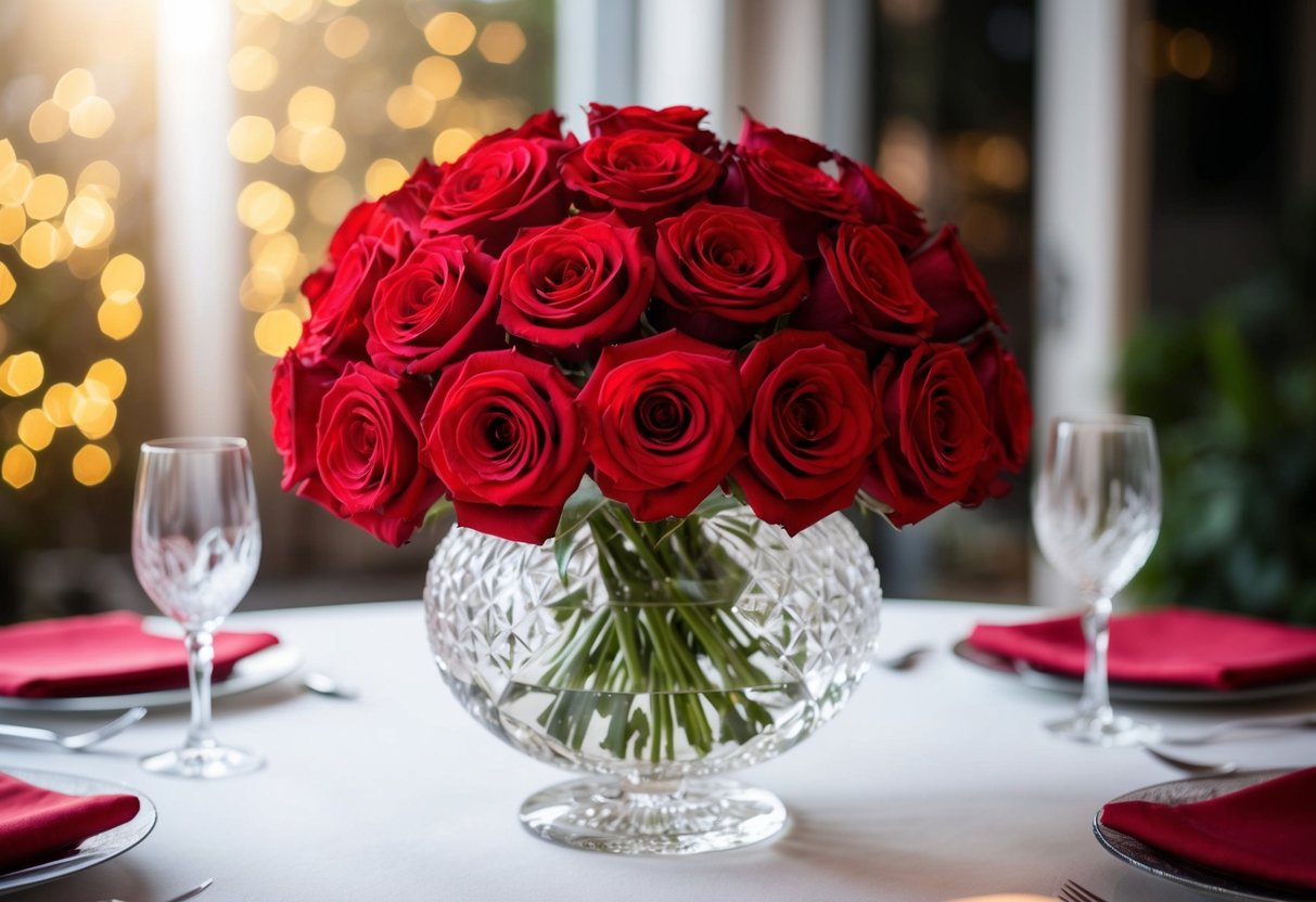 A bouquet of red roses arranged in a crystal vase on a table, with soft lighting and a romantic atmosphere