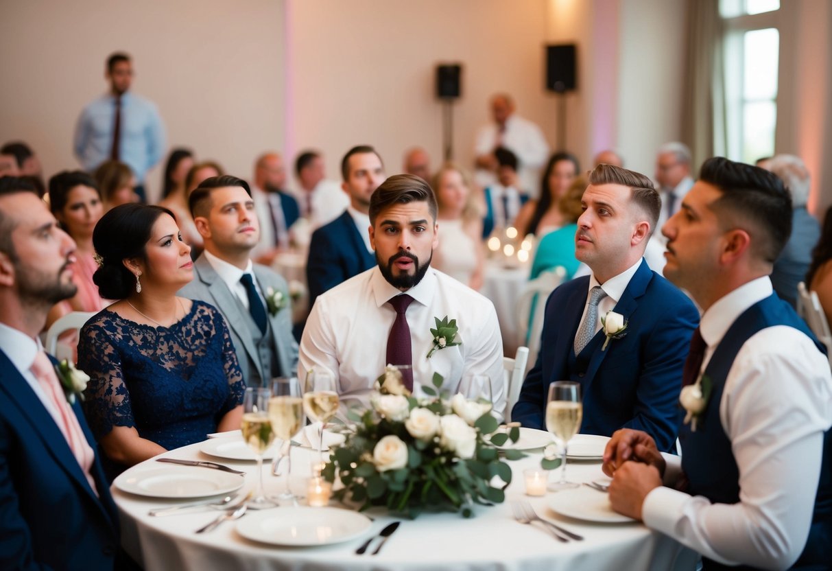 Guests looking uncomfortable as one person brings up taboo topics at a wedding reception