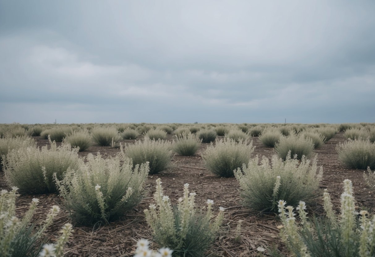 A desolate, abandoned field of pale, muted olive-colored flowers under a gray, overcast sky