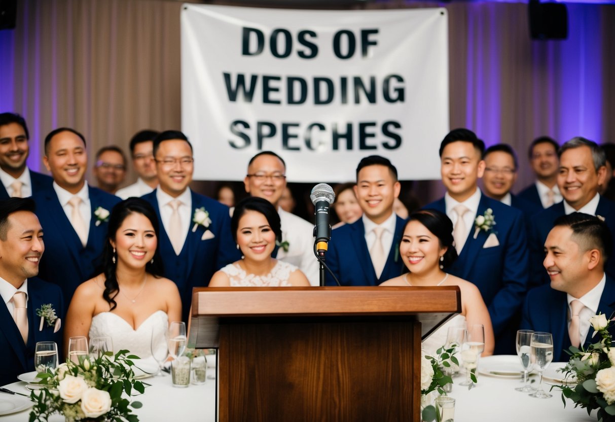 A wedding reception with a microphone on a podium, surrounded by smiling guests. A banner in the background reads "Dos of Wedding Speeches."