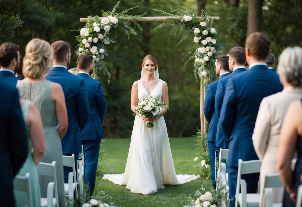 A serene outdoor wedding ceremony with a bride in a simple, elegant dress, surrounded by nature and natural light