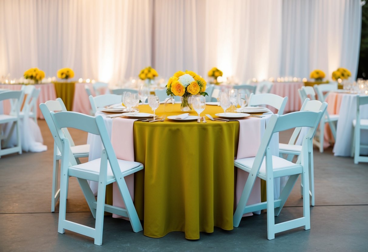 A wedding reception with predominantly white and pastel decor, but a single table adorned in an unpopular color like mustard yellow or olive green