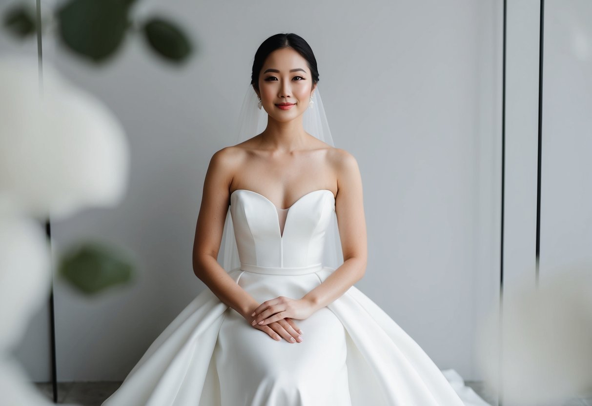 A serene bride in a minimalist gown, surrounded by clean lines and understated elegance