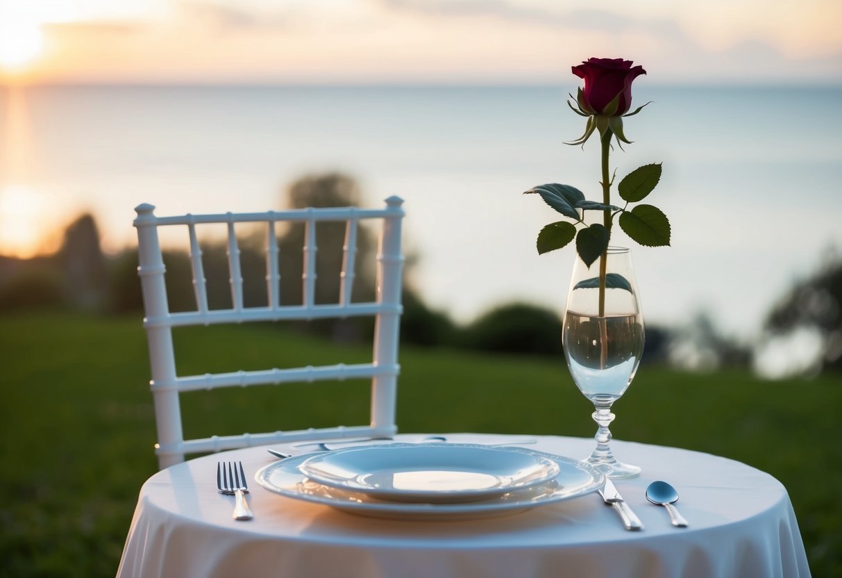A single chair at a beautifully set table with a lone place setting and a single rose in a vase