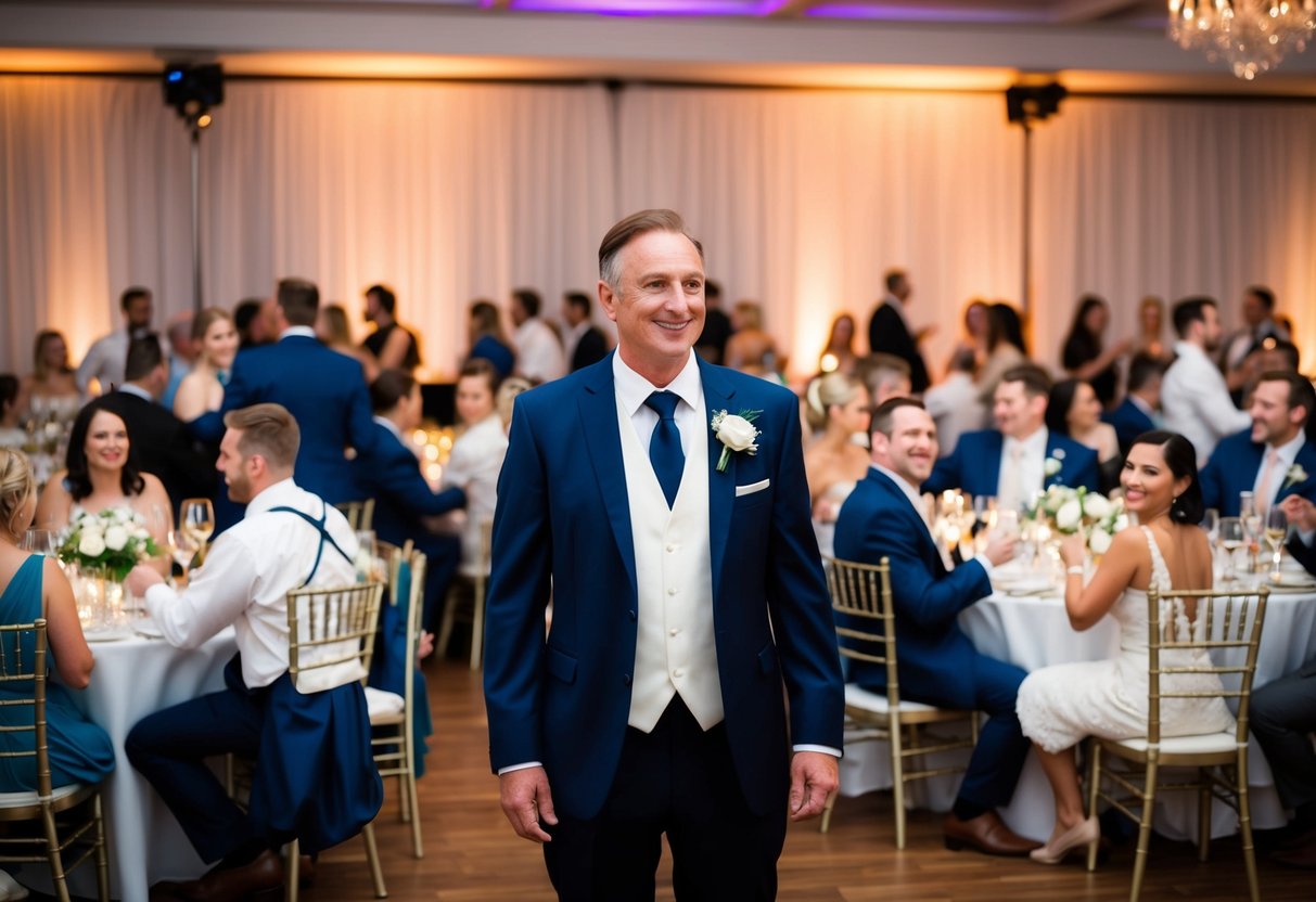 A lone figure stands in a crowded wedding reception, watching couples dance and chat. Tables are filled with laughter and clinking glasses