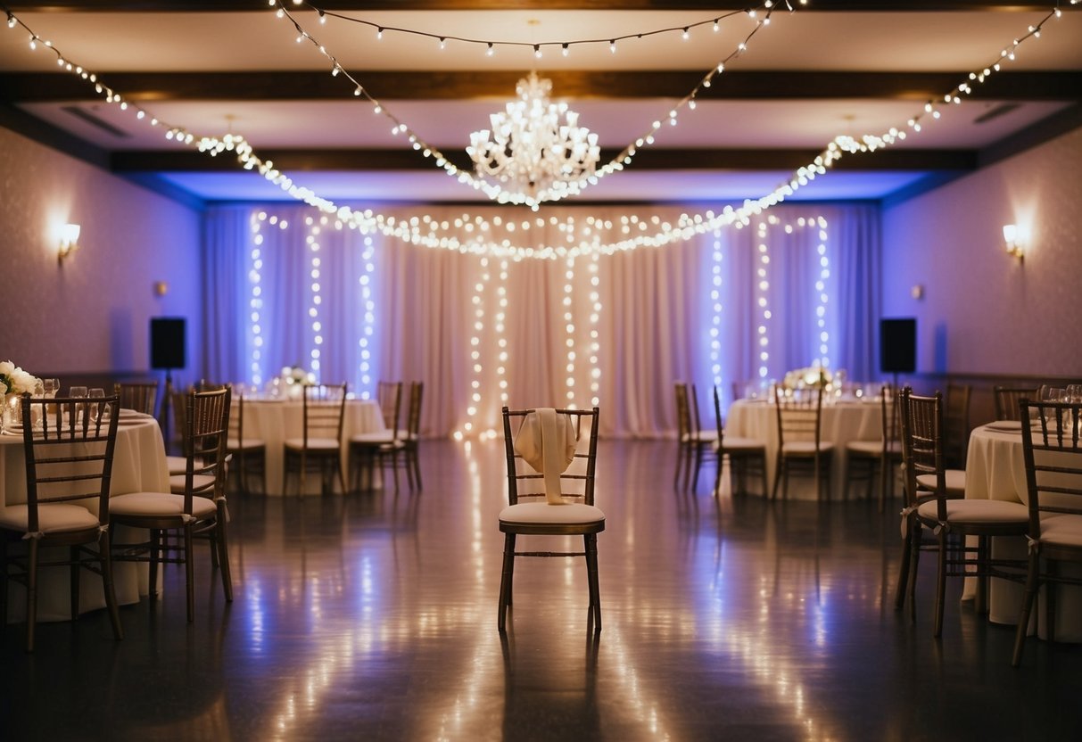 An empty wedding reception hall with a single chair in the center, surrounded by twinkling fairy lights and a romantic ambiance