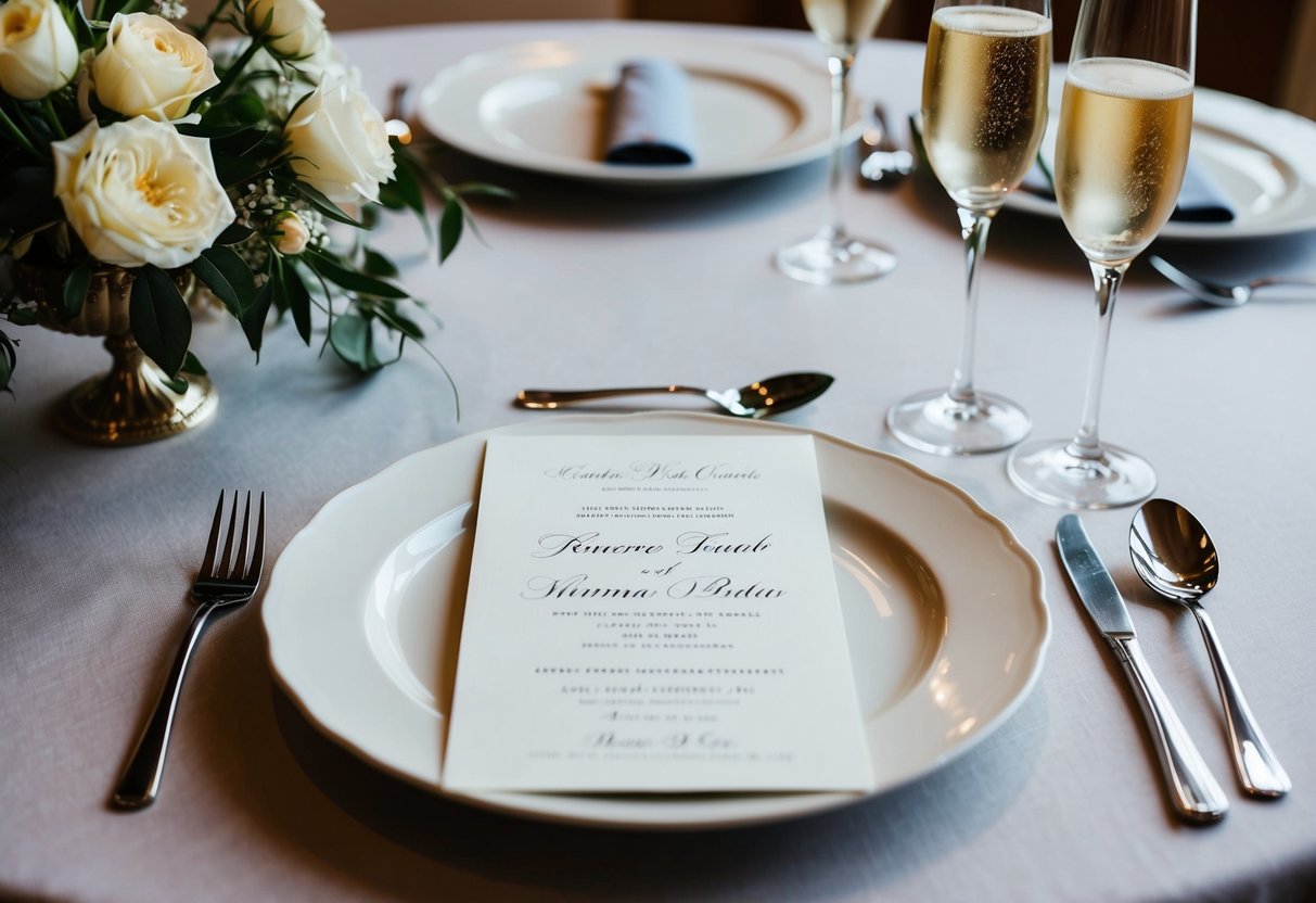 A single place setting at a beautifully set table, with a wedding invitation and a solo glass of champagne