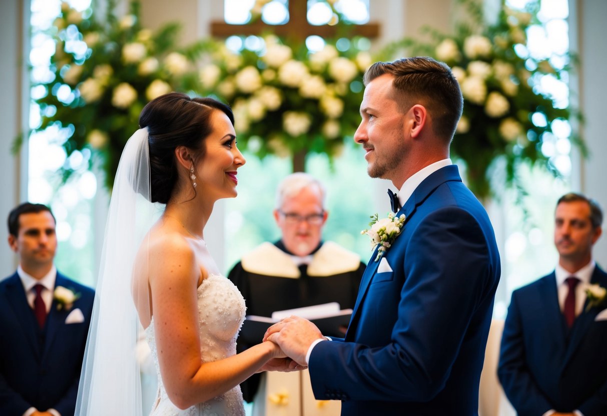 A bride and groom standing at the altar, facing each other with a look of anticipation, as the officiant addresses the question of whether they may kiss