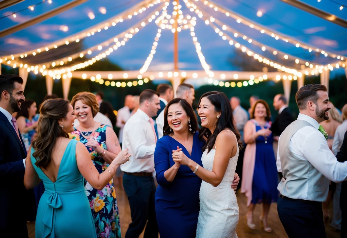 Guests mingling, laughing, and dancing under a canopy of twinkling lights and colorful decorations at an outdoor wedding reception
