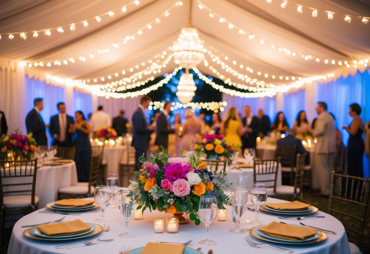 Colorful floral arrangements adorn the tables, while twinkling string lights create a warm and inviting ambiance. The sound of soft music fills the air as guests mingle and enjoy the celebration