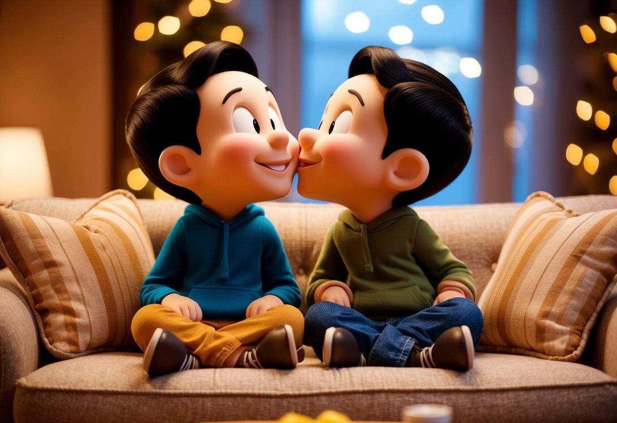 Two cartoon characters sitting on a cozy couch, smiling and leaning in for a gentle kiss on the cheek. A warm, inviting atmosphere with soft lighting and plush furnishings