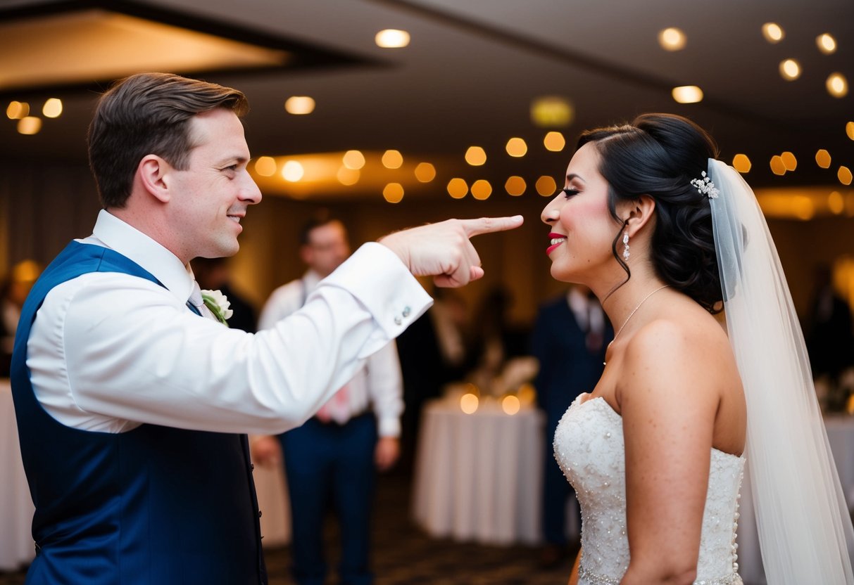 A figure in formal attire gestures toward the bride, indicating for her to kiss. The setting is a wedding reception with a celebratory atmosphere