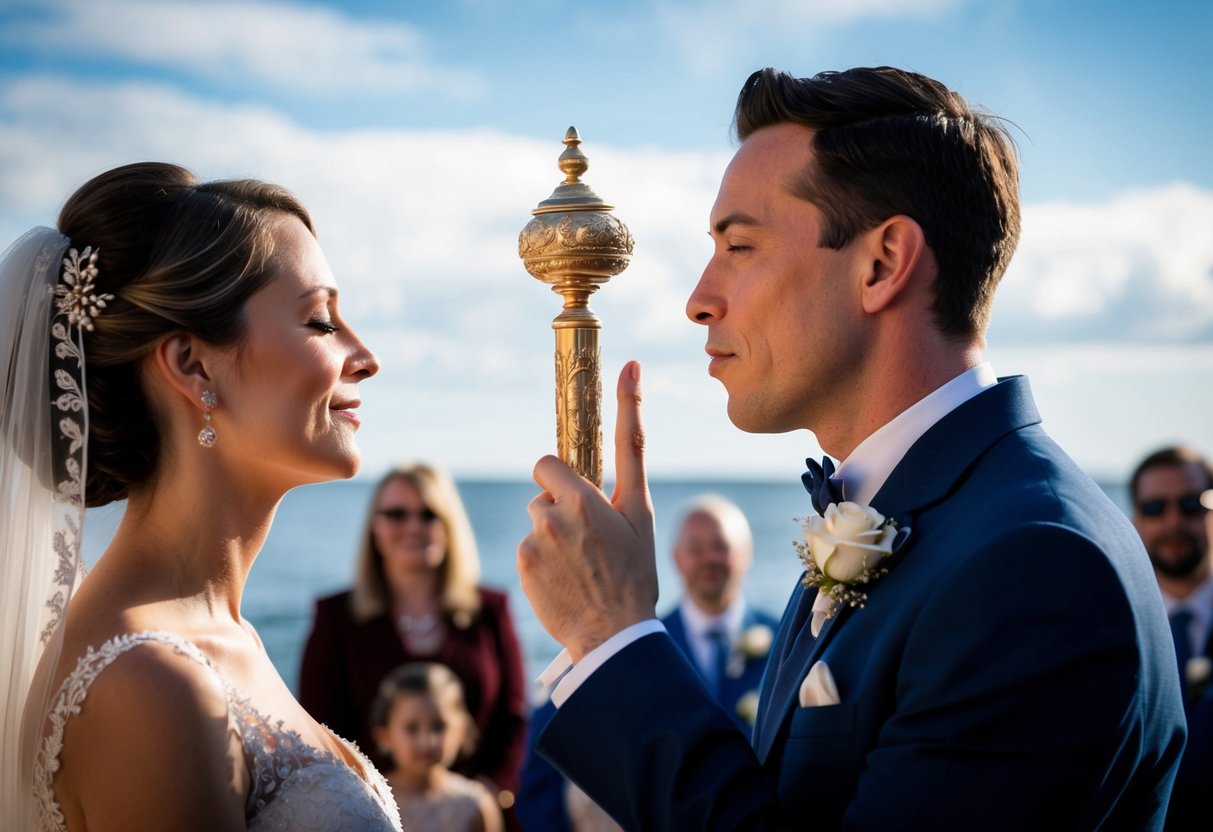 A figure holding a ceremonial object gestures for the bride to kiss