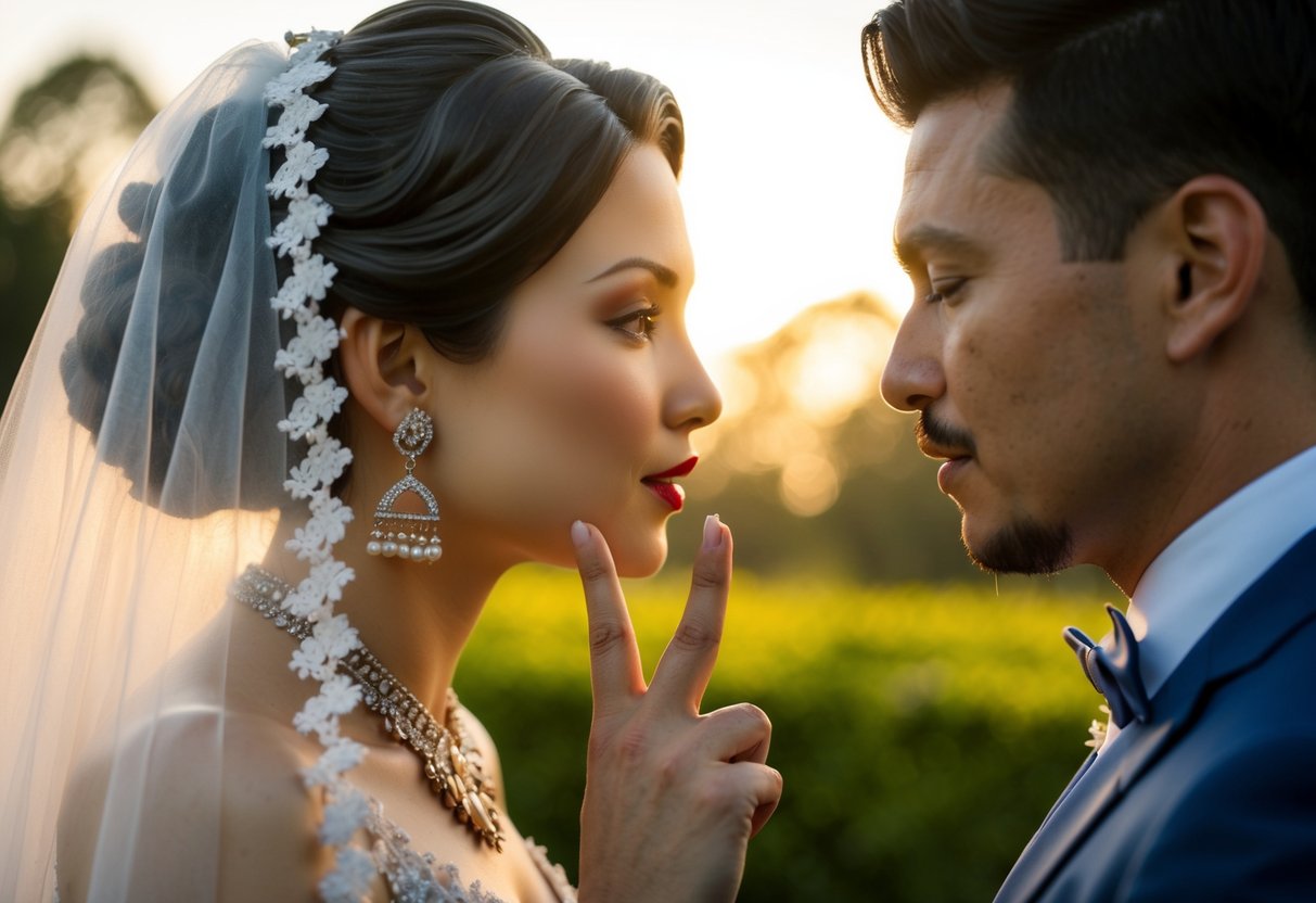 A figure from each culture gestures for the bride to kiss