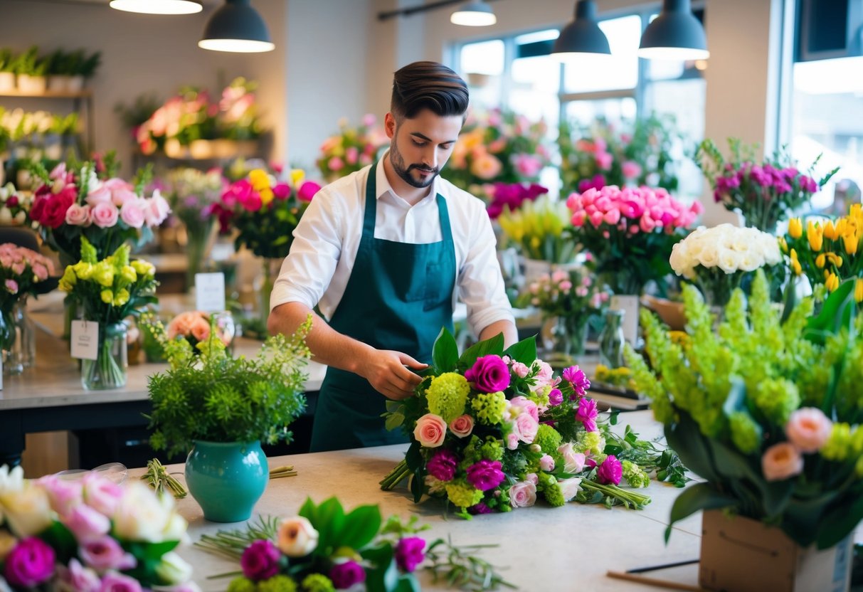 A florist arranging bouquets in a bustling flower shop, with vibrant blooms and greenery spread across the workspace