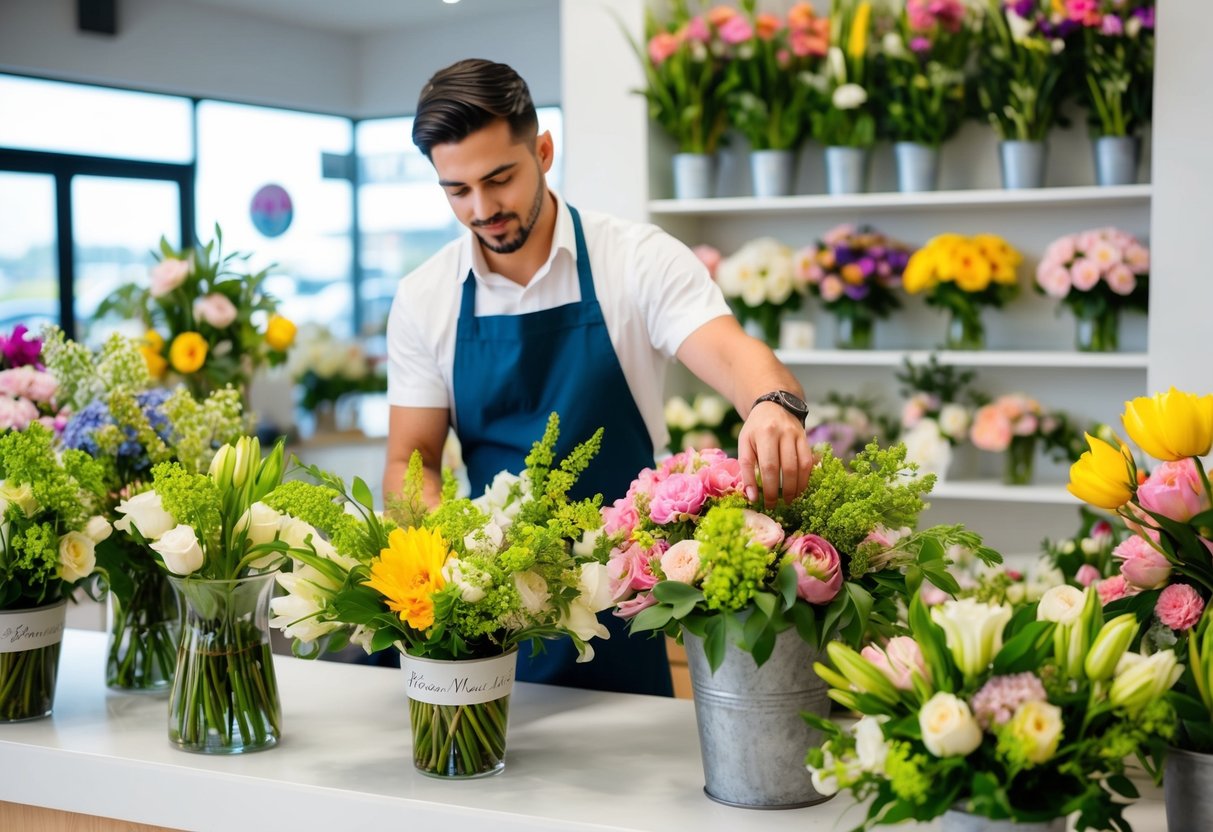 A florist arranging fresh wedding flowers in a shop, with colorful blooms and greenery displayed in vases and buckets
