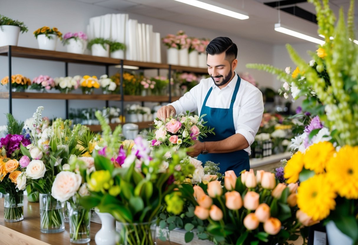 A florist arranging fresh wedding flowers in a bustling shop, surrounded by colorful blooms and greenery