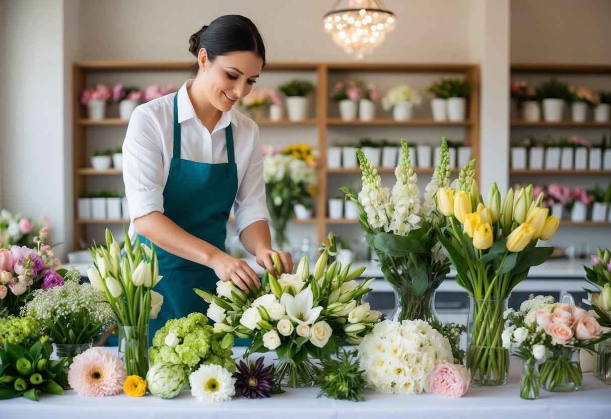 A florist arranging and organizing various types of fresh flowers in preparation for a wedding the next day