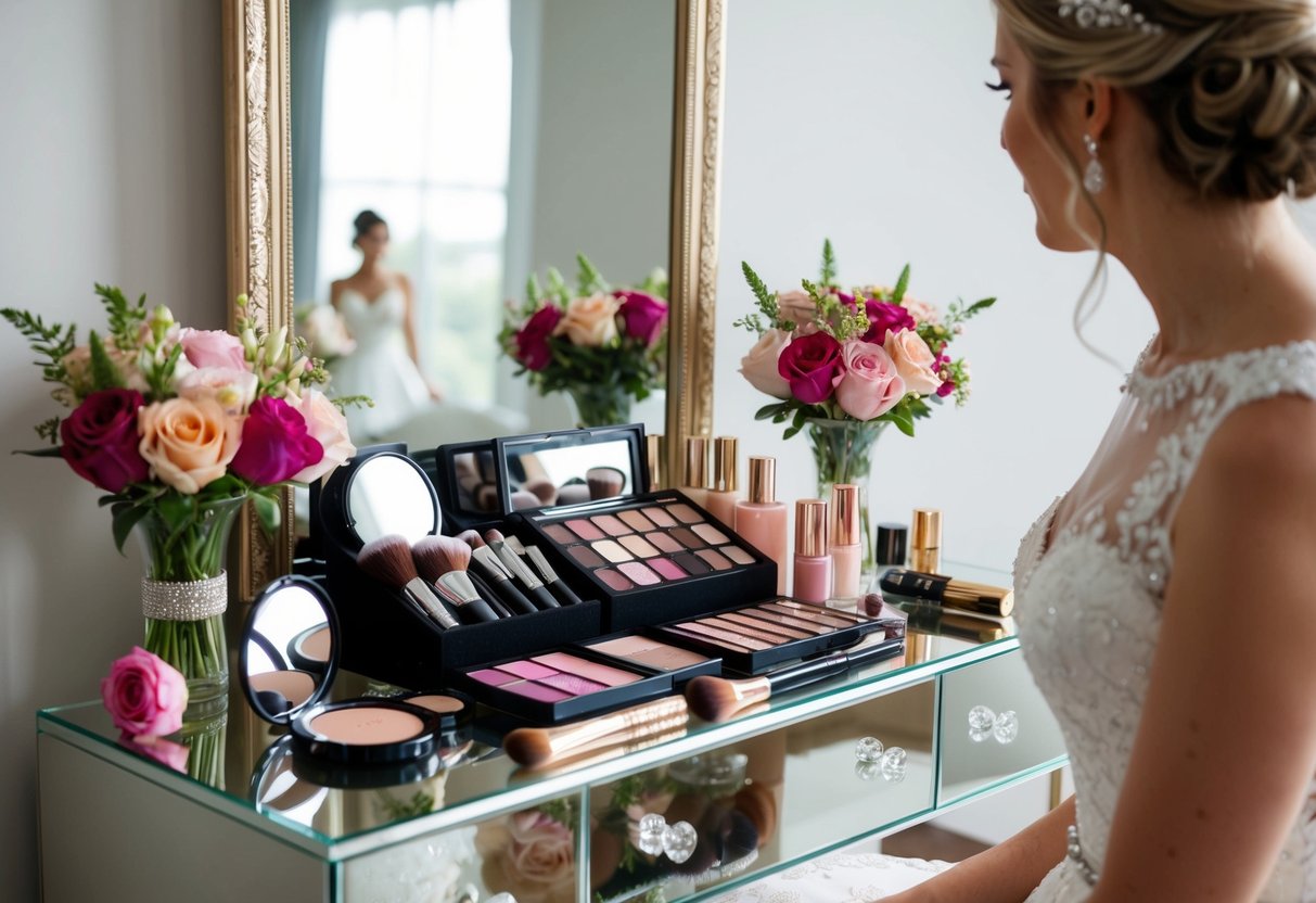 A bride's makeup spread out on a vanity, surrounded by flowers and a wedding dress