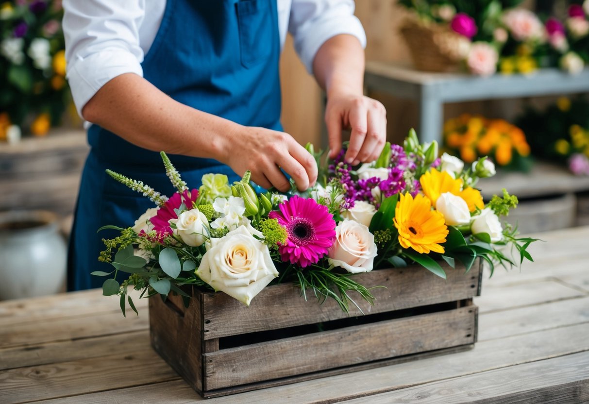 A florist carefully arranging an assortment of vibrant wedding flowers in a rustic wooden crate