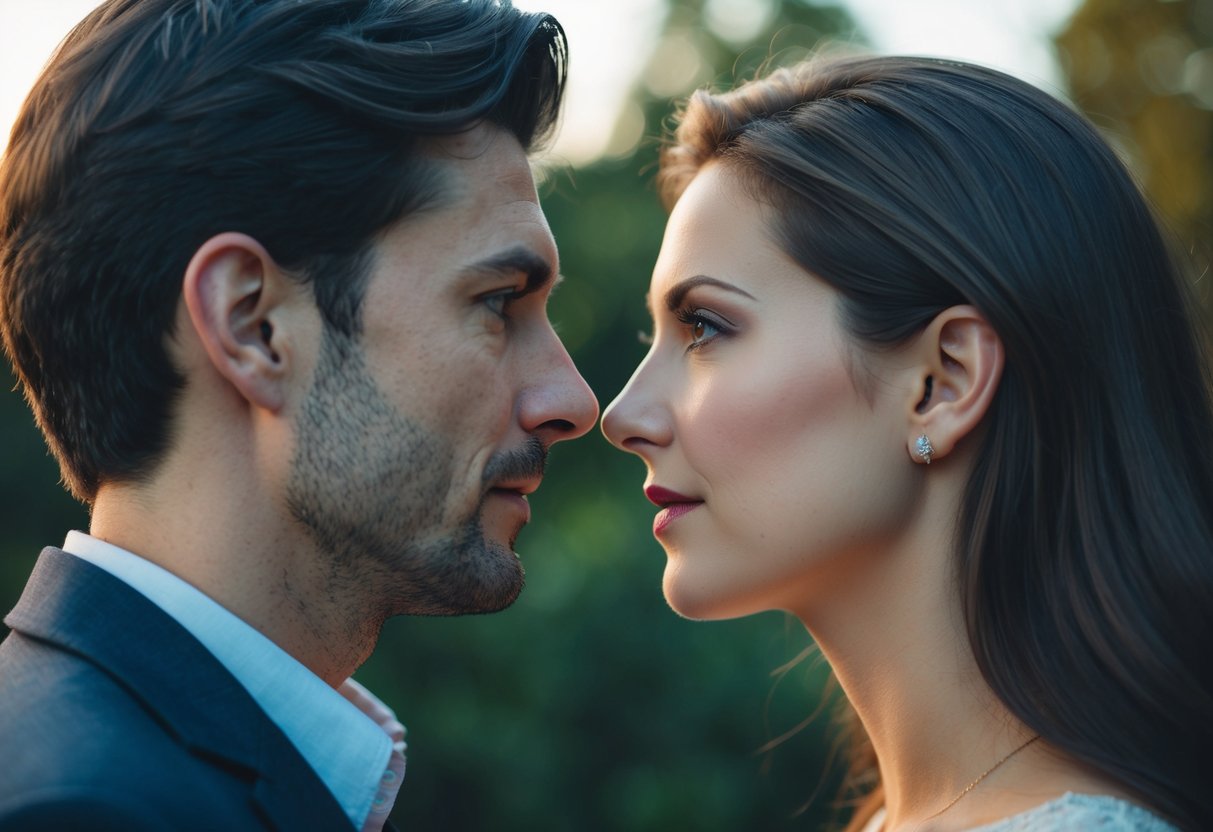 A couple gazes into each other's eyes, their faces inches apart, with a sense of anticipation and intimacy