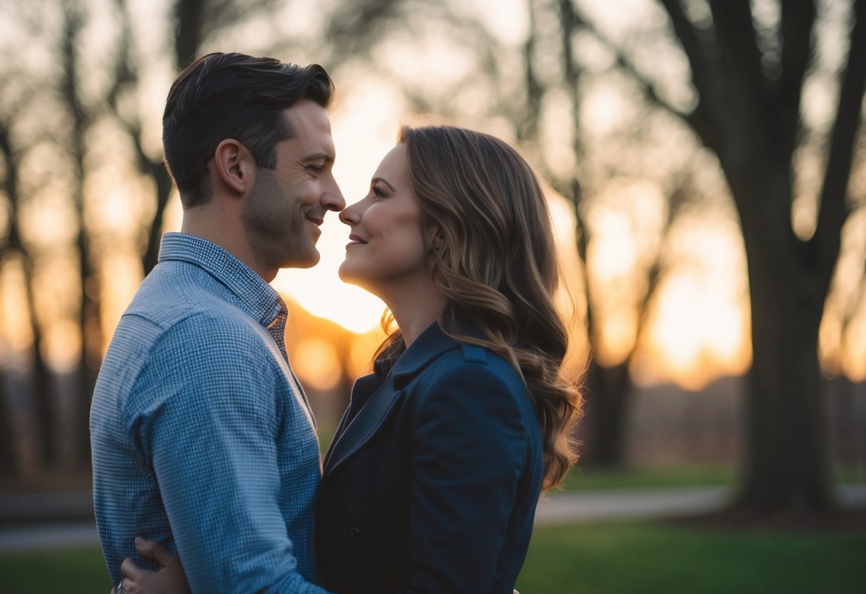 A couple stands facing each other, their expressions filled with anticipation and tenderness