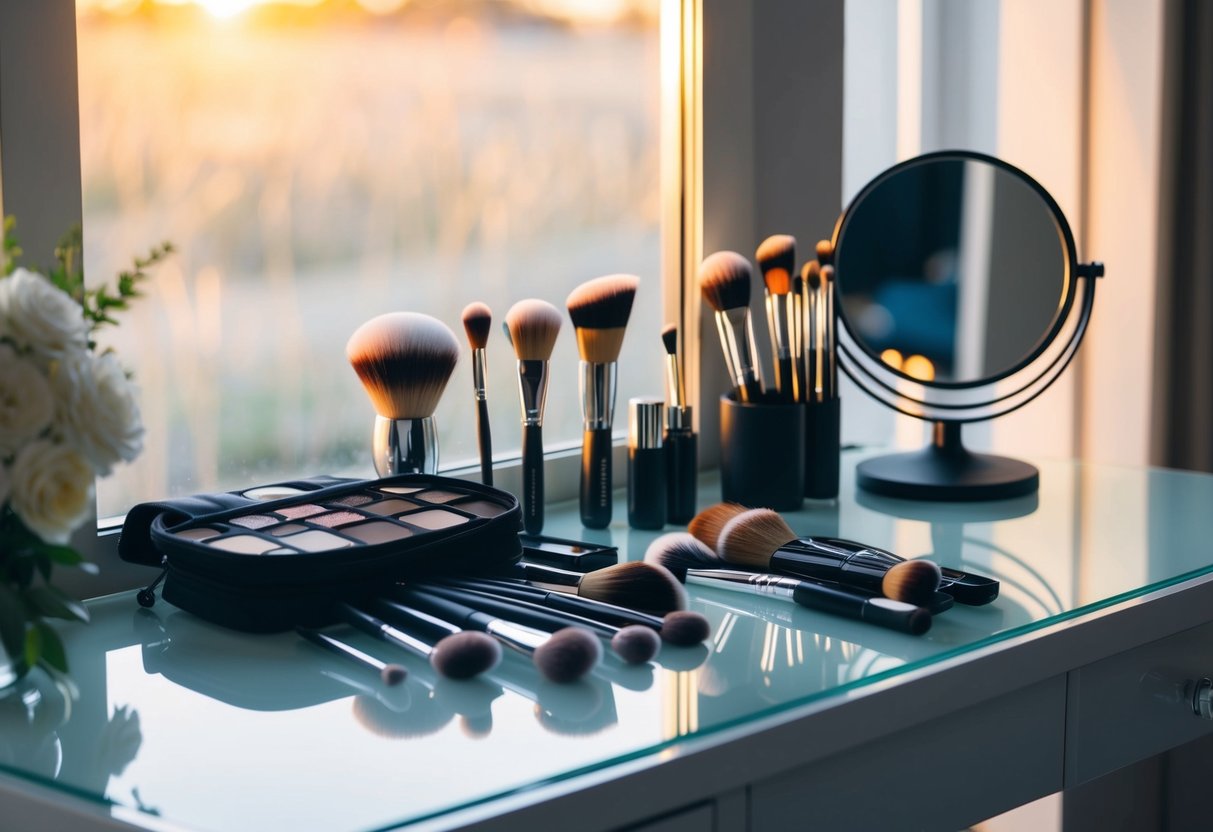 A bride's makeup kit and brushes laid out neatly on a vanity table, with a mirror reflecting the soft glow of a morning sun