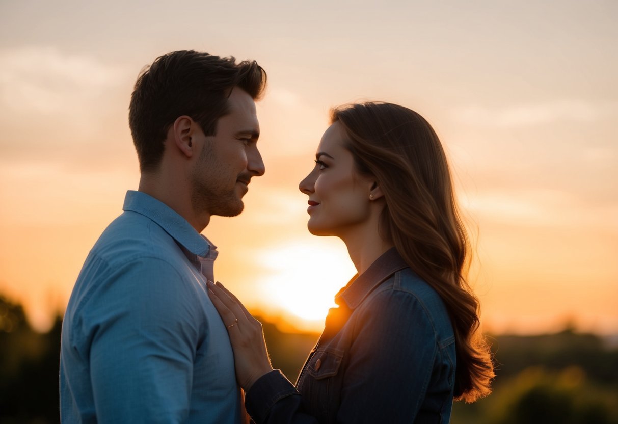 A couple stands facing each other, their eyes locked in a tender gaze. The soft glow of the setting sun bathes them in a warm light, creating a romantic atmosphere