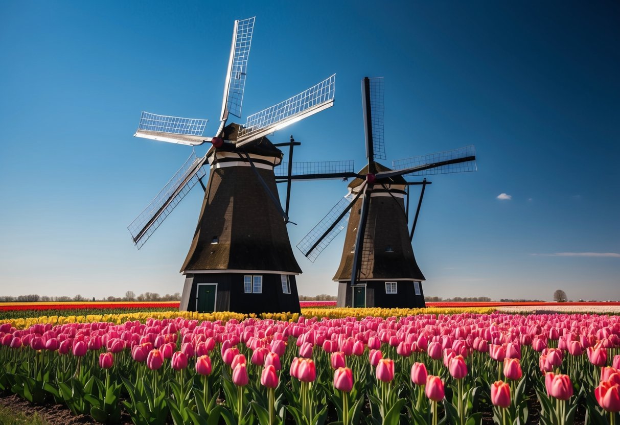 Two windmills surrounded by tulip fields under a clear blue sky