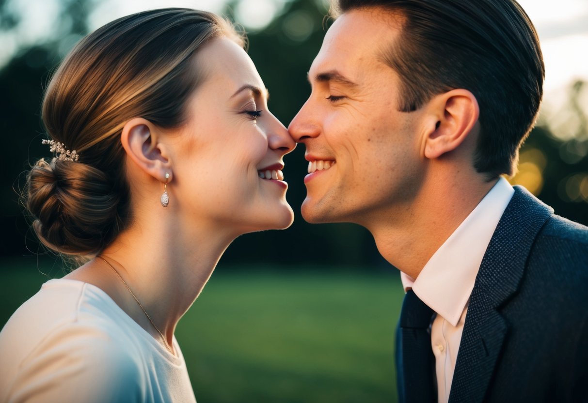 Two figures leaning in, touching cheeks three times in greeting