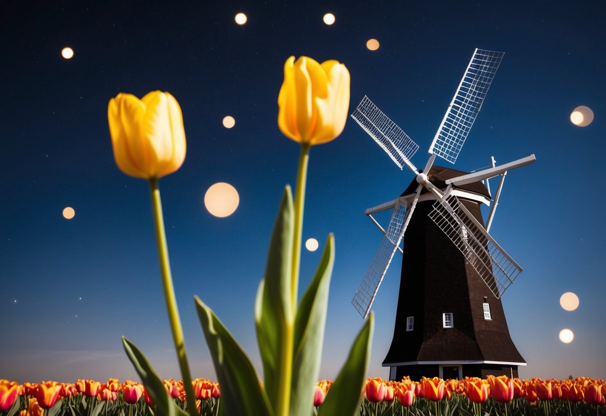 A tulip and a windmill kissing under a starry sky