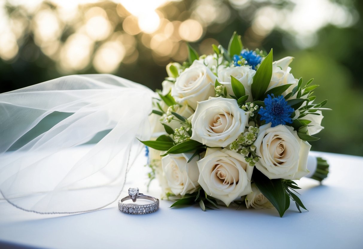 A bridal bouquet, a veil, a wedding ring, and something old, new, borrowed, and blue