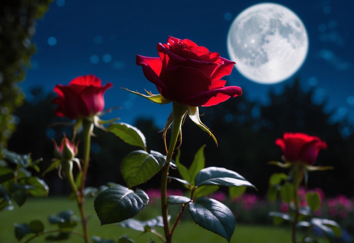 A single Juliet rose blooms in a moonlit garden, symbolizing love and passion with its deep red petals and delicate, fragrant beauty