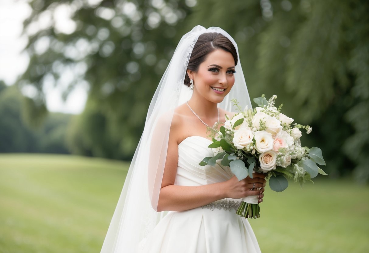 A bride holding a bouquet of flowers, wearing a veil, and carrying something old and something new