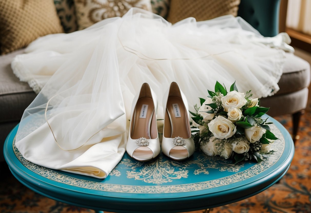 A bridal gown, veil, bouquet, and wedding shoes laid out on a decorative table