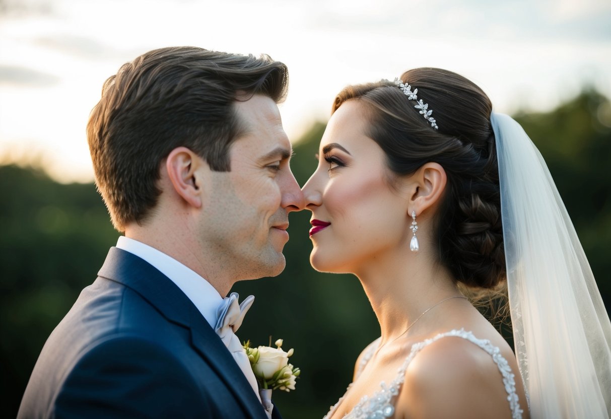 A bride and groom standing face to face, their noses touching, with a look of love and tenderness in their eyes