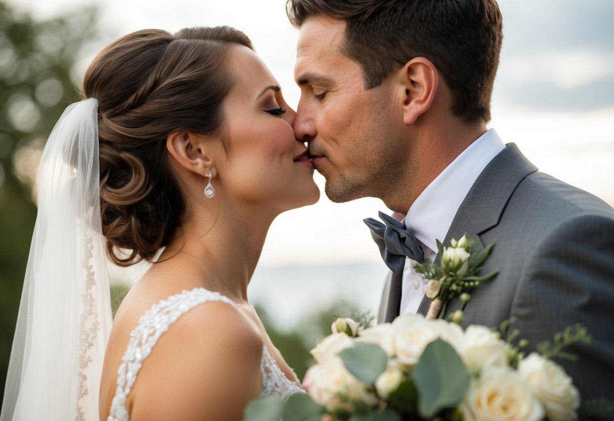 A bride and groom lean in for a tender kiss, their faces close, with a soft and romantic atmosphere surrounding them