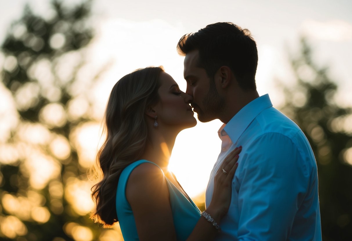 A couple's silhouettes embrace in a tender kiss, capturing the essence of love and commitment