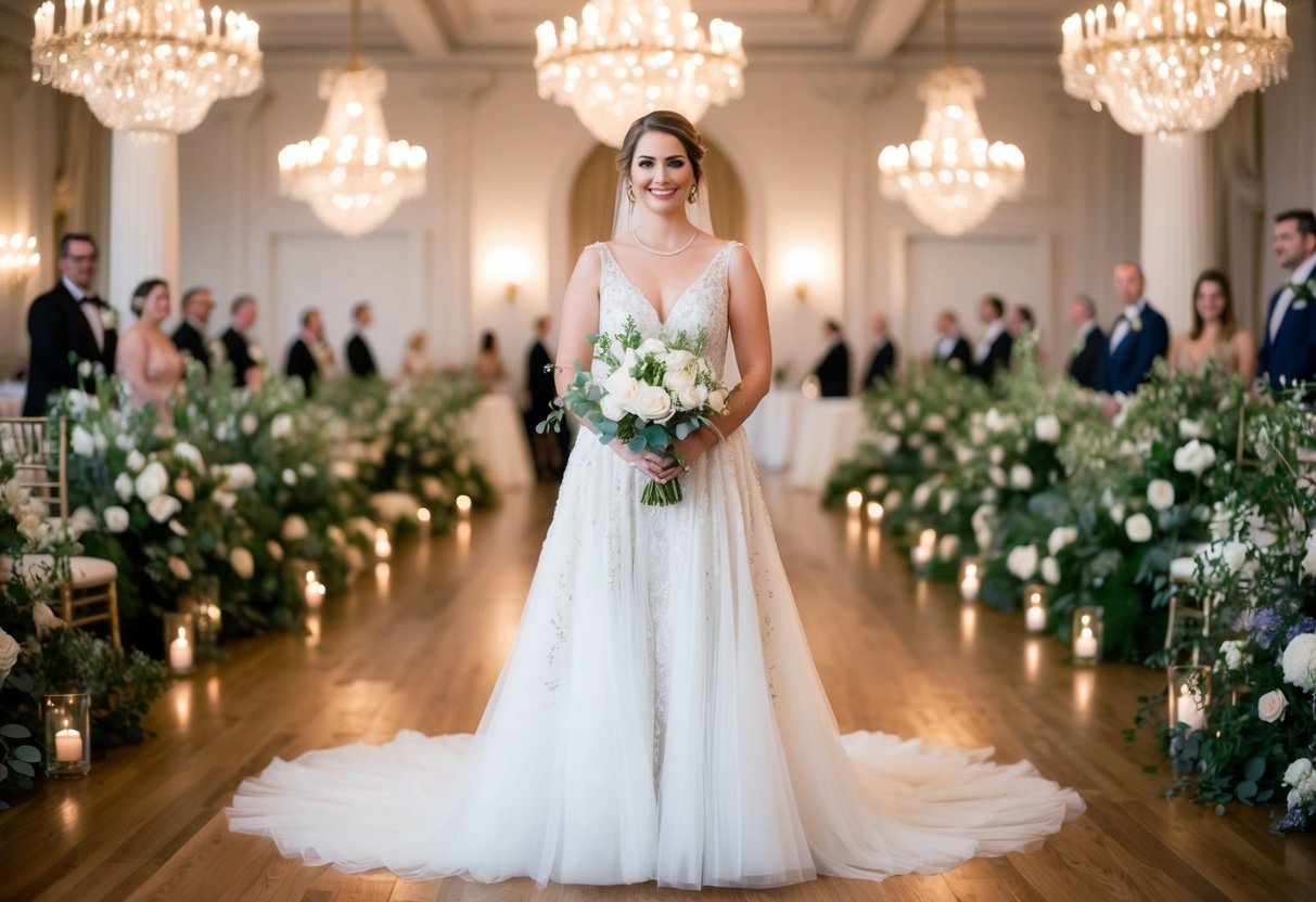 A bride standing in a grand ballroom, surrounded by elegant chandeliers and floral arrangements, wearing a flowing white gown with intricate lace and beading, and holding a bouquet of fresh flowers