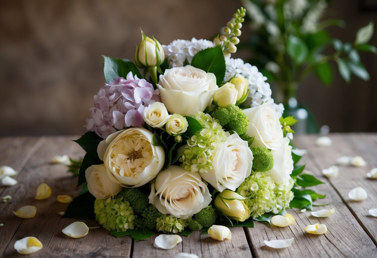 A lush bouquet of white roses, peonies, and hydrangeas sits on a rustic wooden table, surrounded by scattered petals and greenery