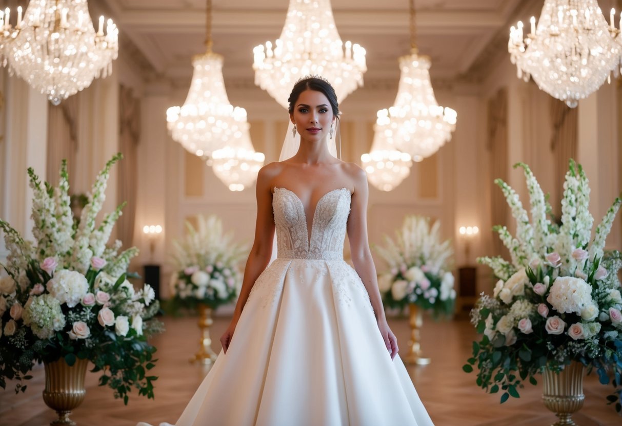 A bride standing in an elegant gown, surrounded by luxurious floral arrangements and sparkling chandeliers in a grand ballroom