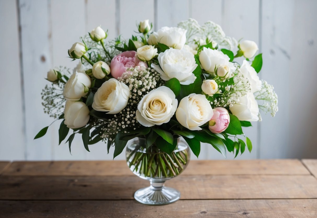 A vibrant bouquet of white roses, peonies, and baby's breath arranged in an elegant glass vase, set on a rustic wooden table